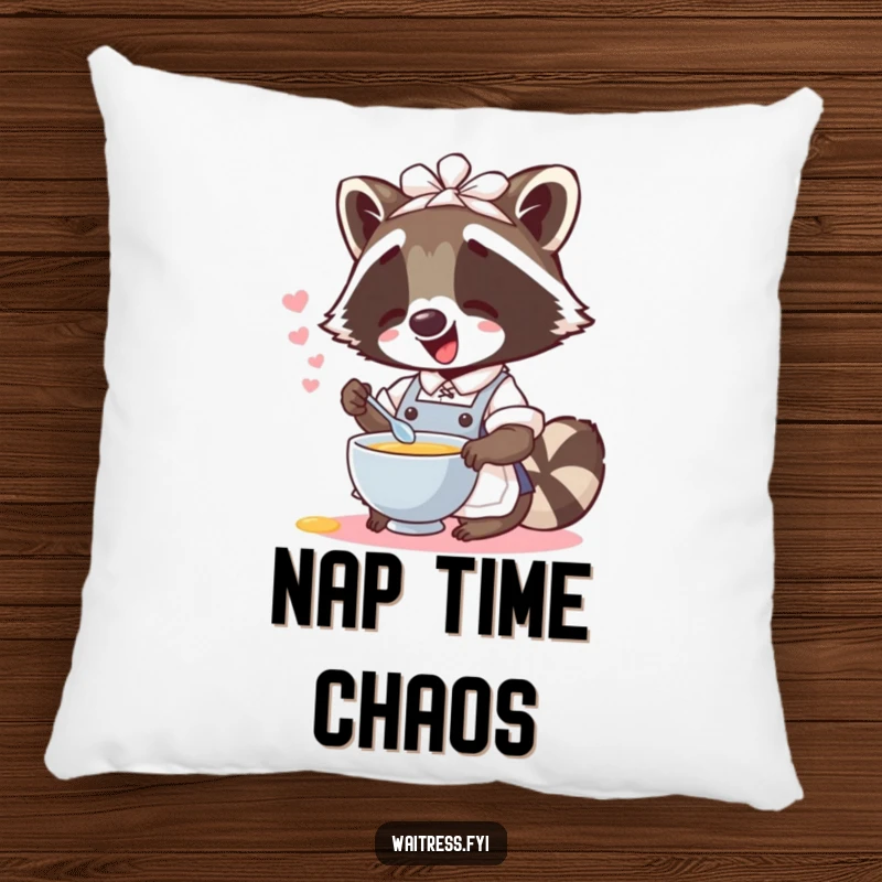 Plush, funny raccoon waitress pillow showing a giggling raccoon spilling imaginary soup, adding comfort and humor to seating.
