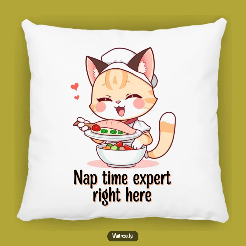 Cozy Funny Cat Waitress Pillow: Winking Feline Decor, Hilarious Comfort Gift
