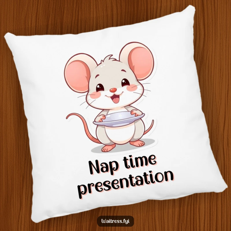 Funny Kawaii mouse pillow depicting a smiling mouse presenting a plate with a flourish, for cozy comfort.