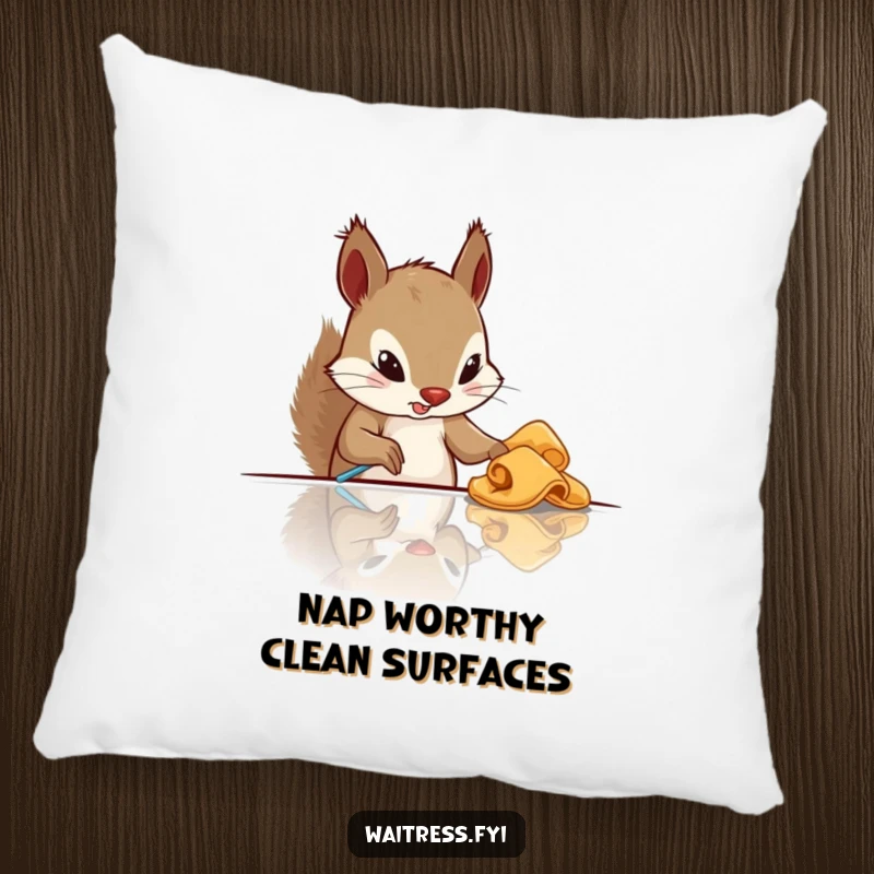 Funny squirrel pillow showing a determined squirrel with a cloth cleaning a table, a soft and humorous accent.