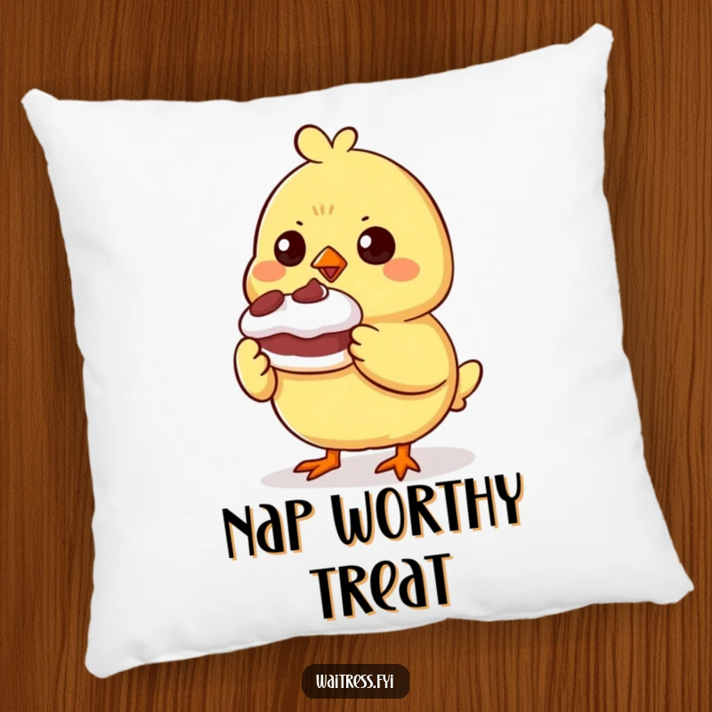 Funny determined chick character presenting a small, wobbly dessert on a soft pillow, providing comfort and a humorous touch.