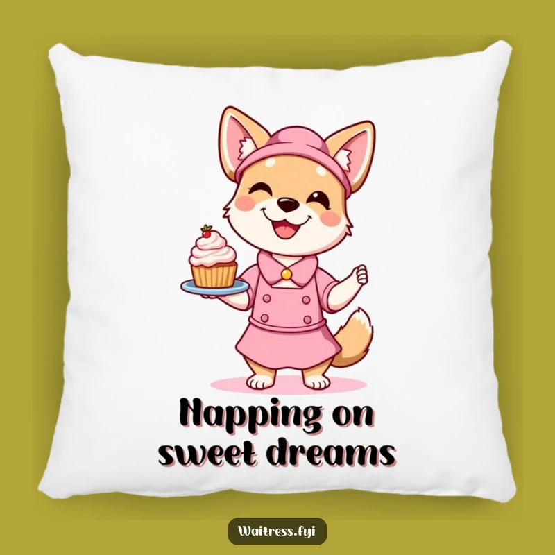 Funny Dog Waitress Pillow: Cozy Comfort, Smiling Pup with Dessert, Perfect Gift
