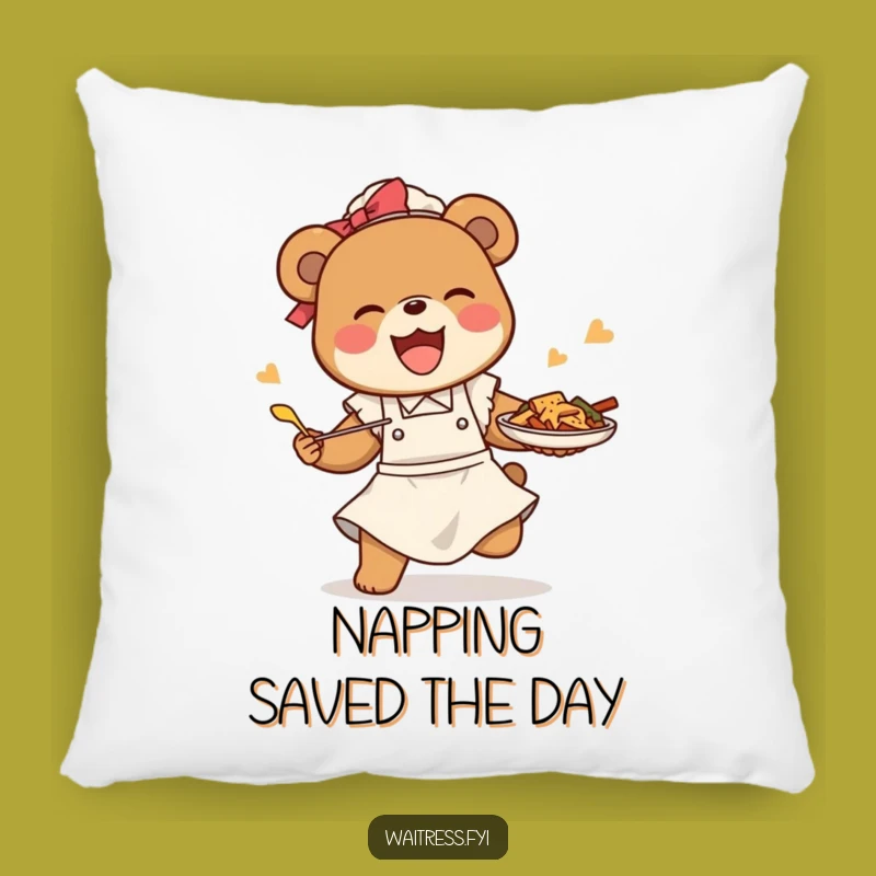Funny Bear Waitress Pillow: Soft Mishap Cushion, Cozy Restaurant Decor Gift