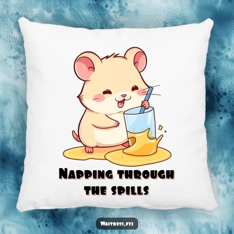 Funny Kawaii Hamster Pillow: A soft pillow featuring a cute hamster efficiently wiping up a spilled drink with a determined expression.