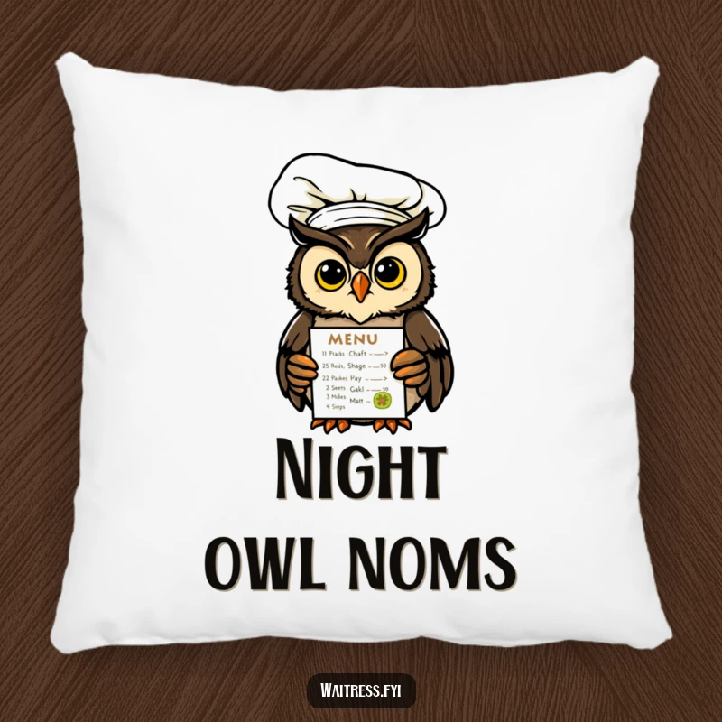 Funny Owl Chef Pillow featuring a cute owl chef presenting a glowing menu, offering both comfort and a humorous visual appeal.