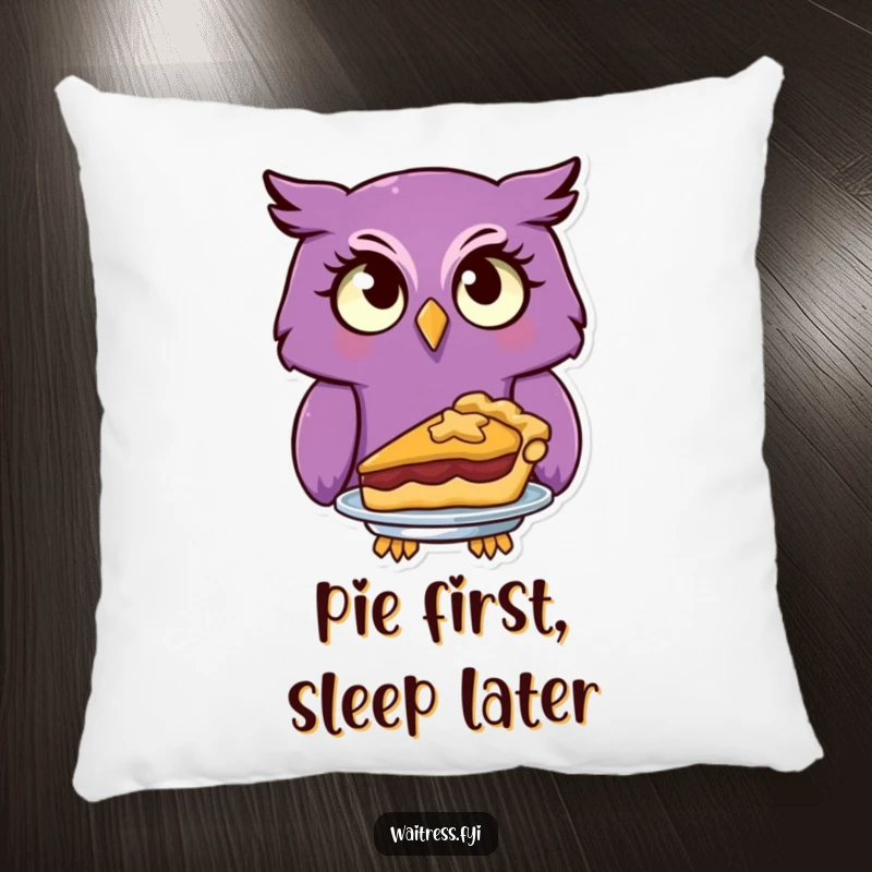 A curious purple owl character serves a delicious pie, bringing cozy and funny vibes to this pillow.