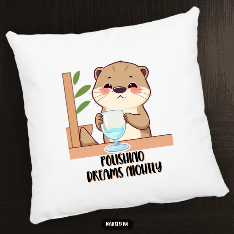 Funny Otter Pillow: A contented otter server is shown polishing an invisible glass, offering a cozy and humorous decorative accent for any couch.