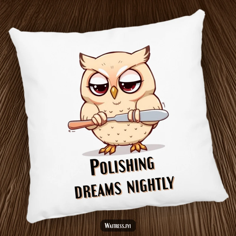 Funny Kawaii owl pillow depicting a determined owl polishing silverware with focused eyes, for cozy comfort.