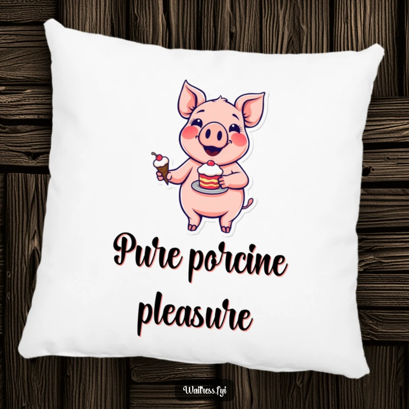 Funny pig dessert pillow with a cheerful cartoon pig holding a waffle cone overflowing with ice cream, looking delighted.