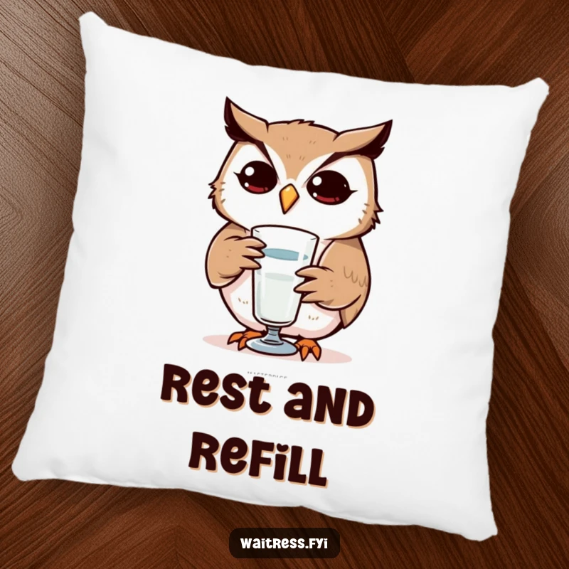 Funny Owl Pillow: Soft pillow with a determined owl refilling a glass, symbolizing attentiveness, an ideal funny gift.