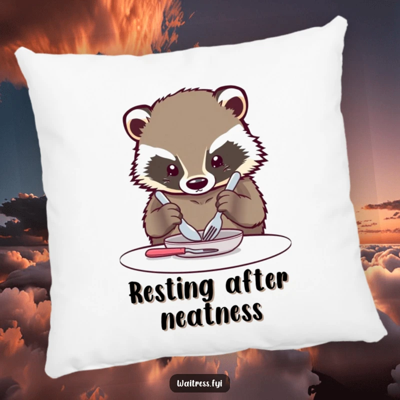 Funny Kawaii Badger Pillow: A soft pillow featuring a cute badger meticulously arranging cutlery with a look of deep concentration.