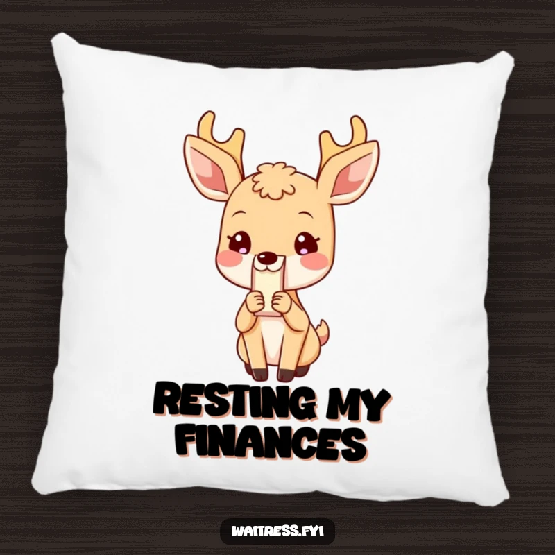 Funny Deer Pillow: Soft pillow with a blushing deer presenting a bill, symbolizing politeness, an ideal funny gift.