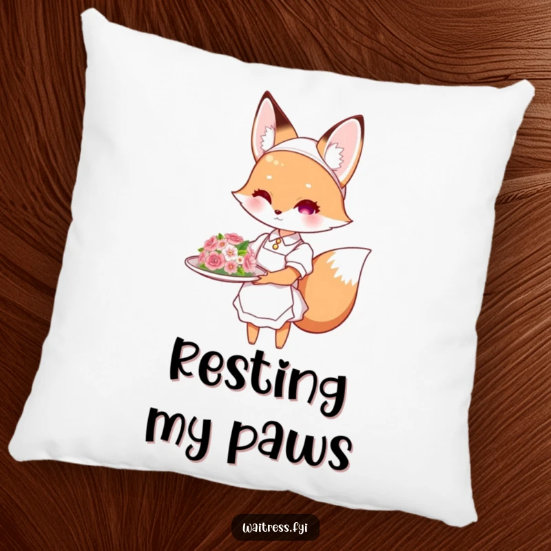 Funny fox waitress pillow featuring a cute fox presenting a flower-decorated dish, offering softness and a heartwarming funny gift.