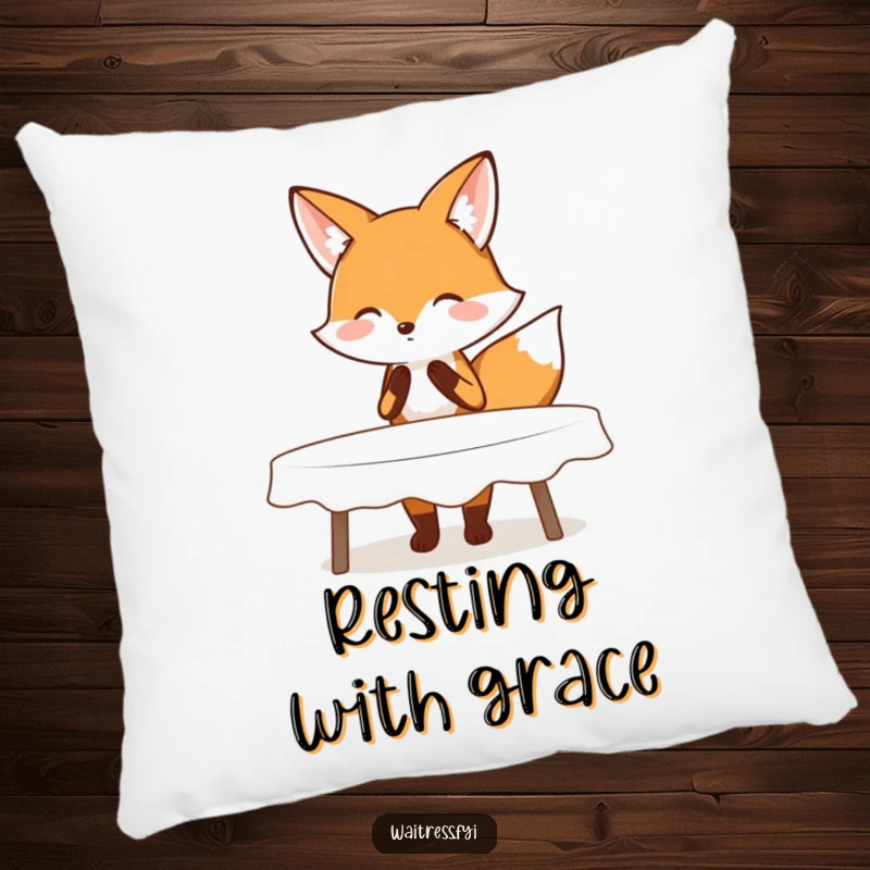 Funny pillow with a blushing fox performing a polite curtsy while clearing a table, offering comfort and a humorous, graceful touch.