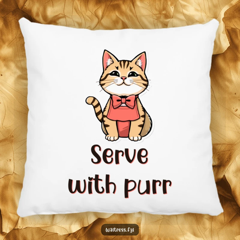 Funny cat waiter pillow with a cat wearing a bowtie and apron, looking chic.