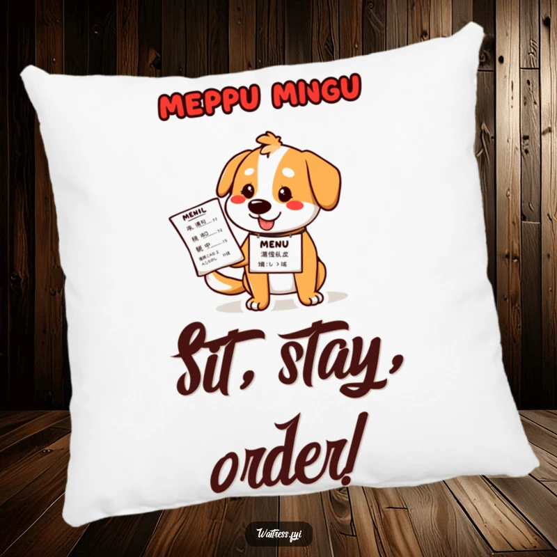 Funny dog waiter pillow with a cartoon golden retriever in a waiter uniform, holding a menu with a friendly, tail-wagging expression.