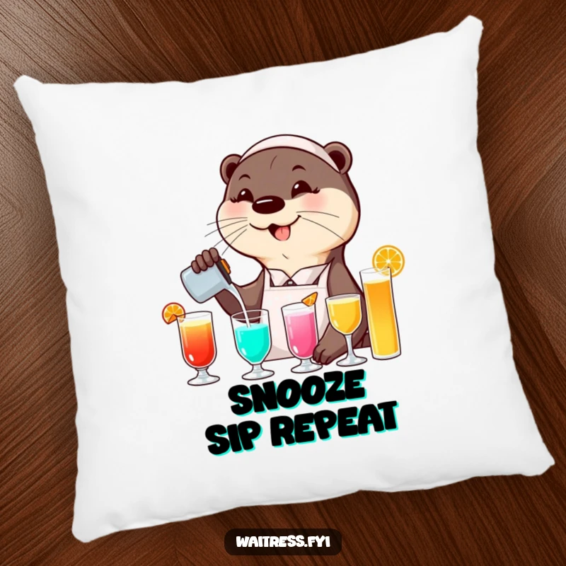 Funny otter waitress pillow featuring a smiling otter pouring colorful drinks with a flourish, designed for comfort and a humorous decorative touch.