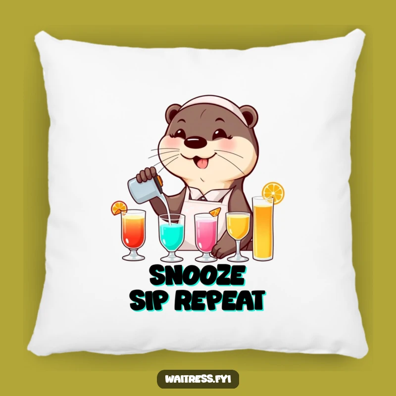 Funny Otter Waitress Pillow: Cozy Drink Pouring Comfort, Hilarious Home Accent