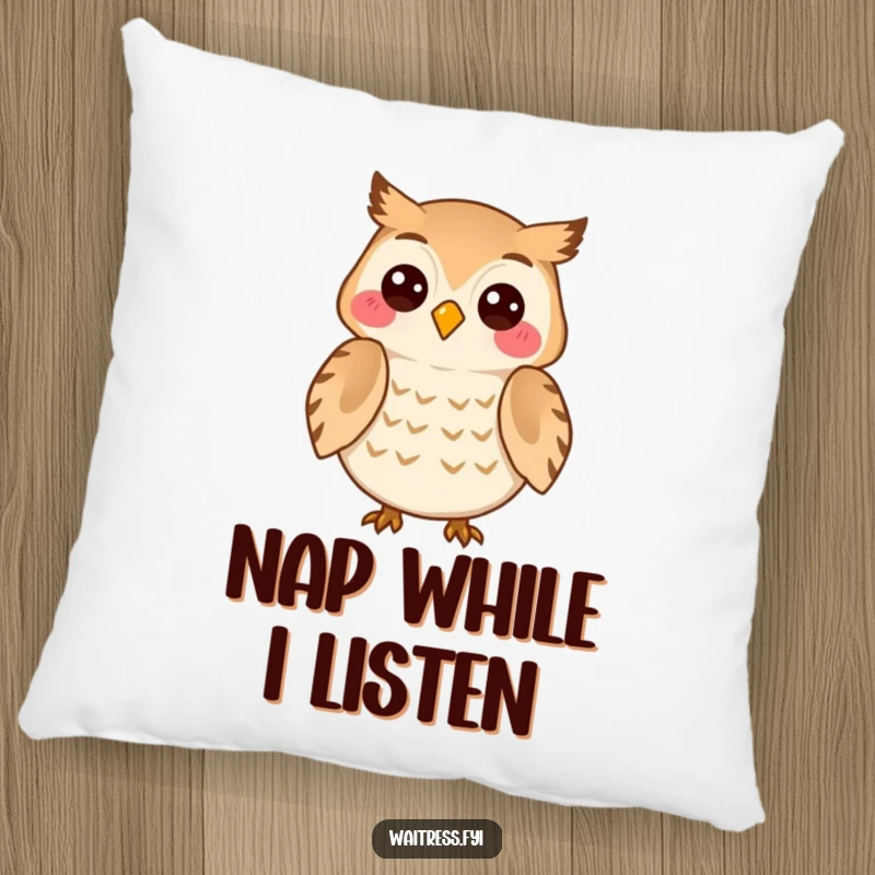 Funny Owl Listener Pillow featuring a cheerful owl character attentively listening with a knowing smile, perfect for cozy comfort and support.