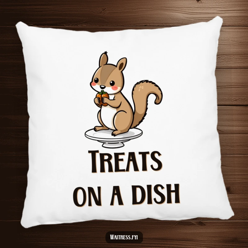 Funny Squirrel Nut Pillow featuring a cute squirrel balancing nuts on a dish, providing comfort and humorous visual appeal.