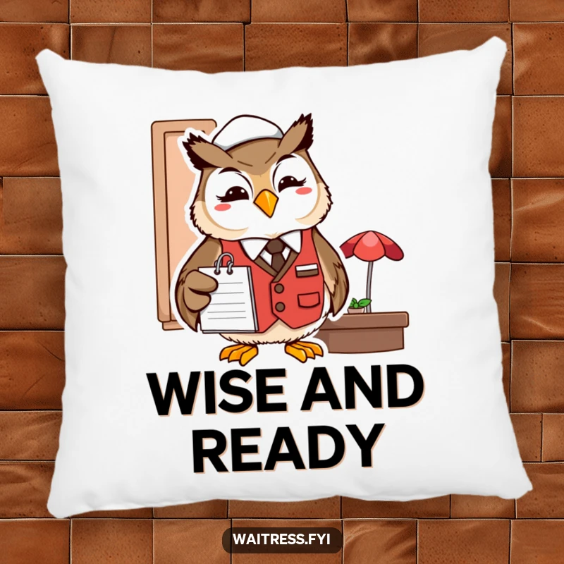 Funny owl server pillow with a smiling owl in a restaurant vest with a notepad.