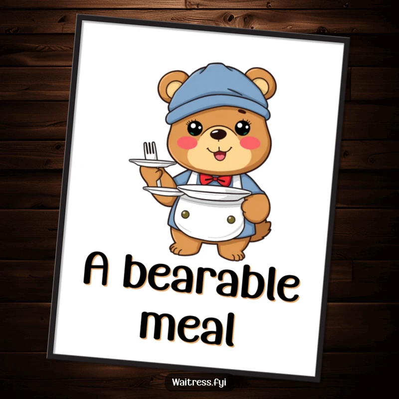 Funny bear server digital art print of a happy bear dressed as a server holding plates.