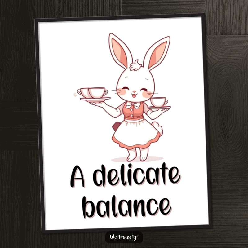 Funny bunny waitress digital art print of a smiling bunny balancing a tea tray, offering instant whimsical decor.