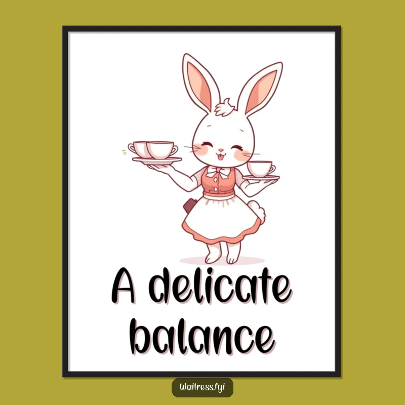 Funny Bunny Waitress Digital Art: Whimsical Cafe Wall Decor Printable, Instant Gift