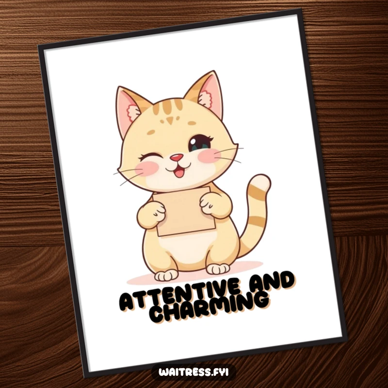 Funny cat order taker digital art print of a happy cat taking an order, polite and humorous art.