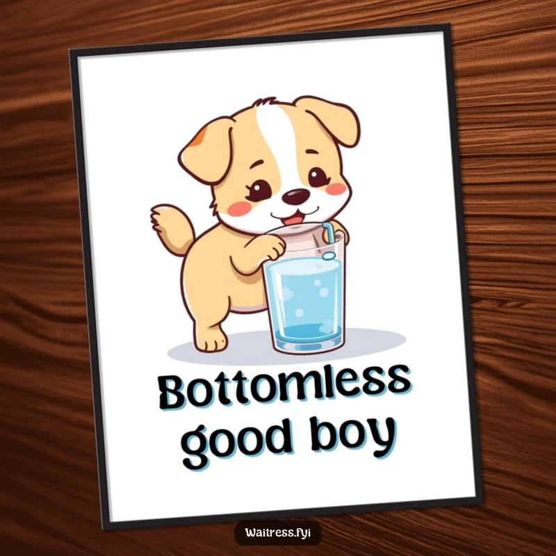 Funny Kawaii Dog Digital Art Print: A cute, tail-wagging dog refilling a glass, perfect for instant, charming wall decor.