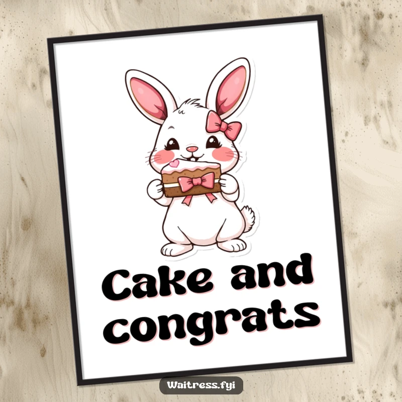 Funny bunny cake digital art print of a playful bunny presenting a slice of cake with a ribbon bow.