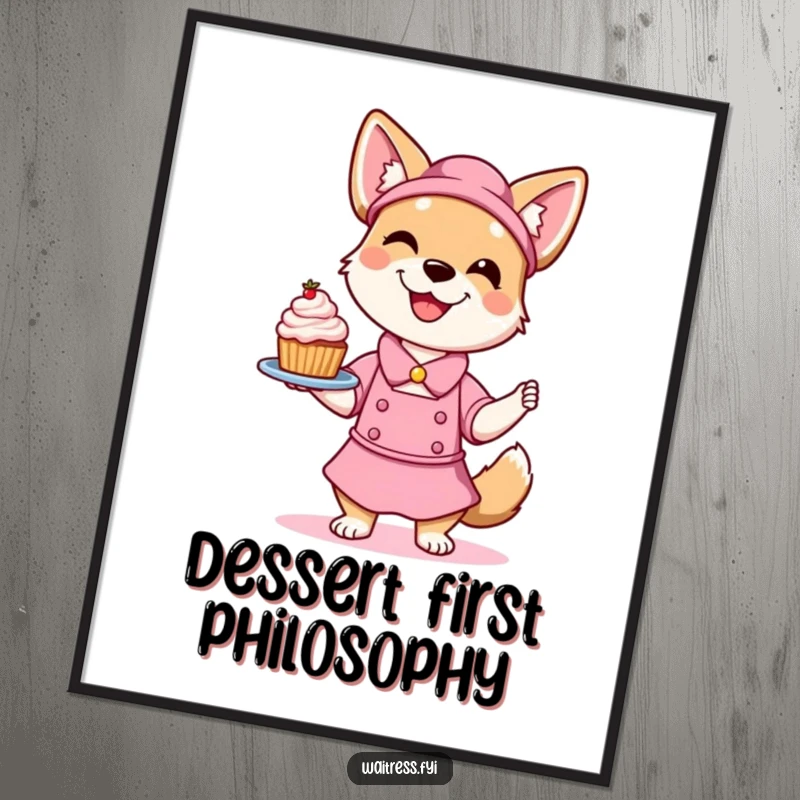 Funny Dog Waitress Digital Art Print featuring a smiling dog playfully balancing a dessert, bringing sweet canine humor to any space.