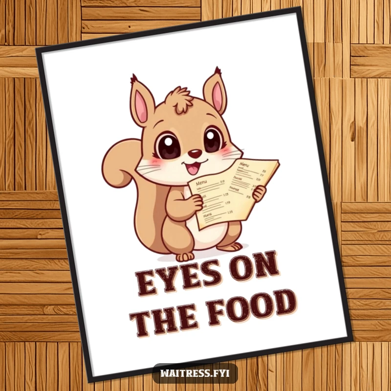 Funny, charming digital art print of a giggling squirrel with large eyes holding out a menu, full of excitement.