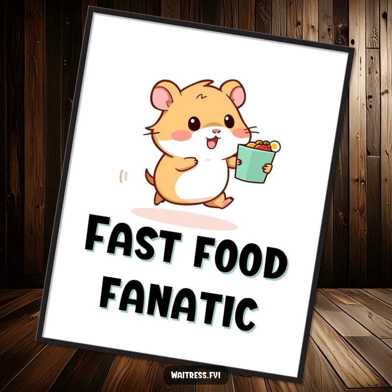 Funny digital art print of a hamster rushing with a food order, instantly downloadable for humorous and energetic decor.