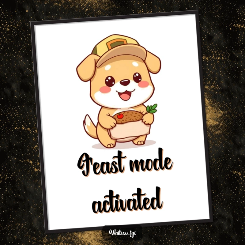 Funny Dog Digital Art: Cheerful dog wearing a cap delivering a meal, high-quality print, perfect funny gift.