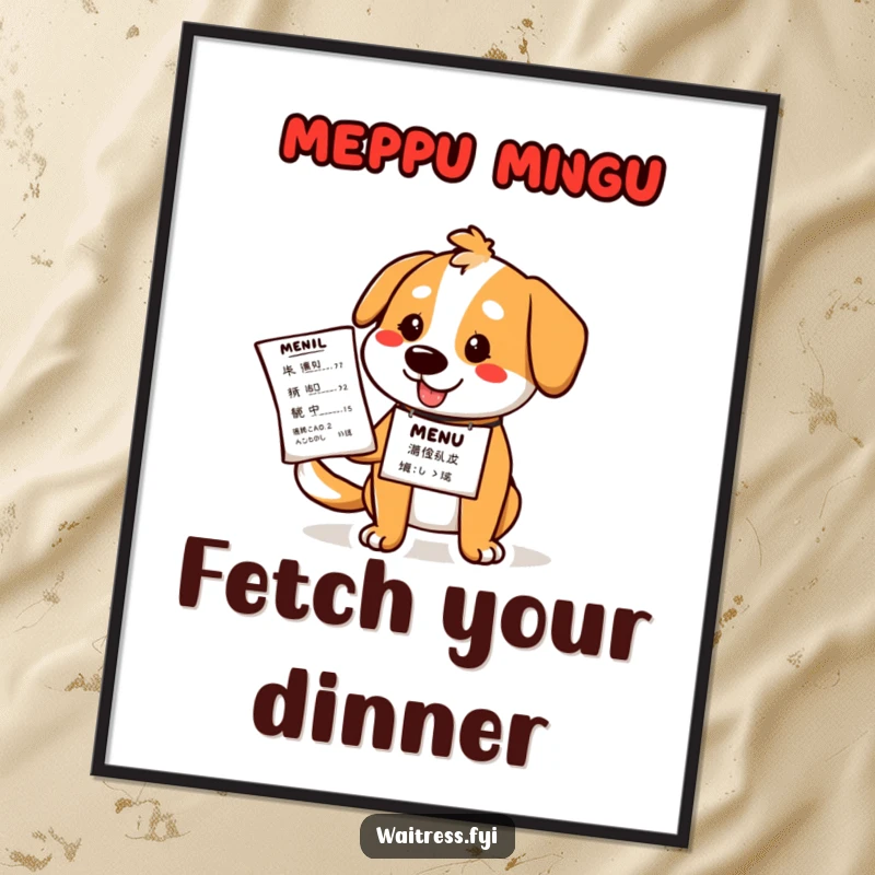 Funny dog waiter digital art print of a cartoon schnauzer in a waiter's attire, offering a menu with a friendly and inviting look.