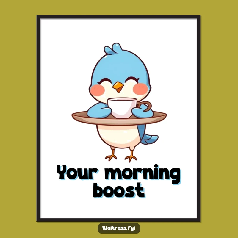 Funny Blue Bird Barista Digital Art: Charming Artwork For Coffee Lovers' Spaces