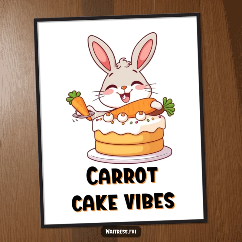 Funny Bunny Baker Digital Art Print of a giggling bunny serving a giant carrot cake with great style and flair.
