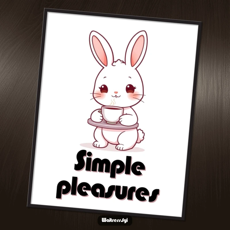 Funny bunny character with a tea tray and steaming teacup, offered as a digital art print for instant download and display.
