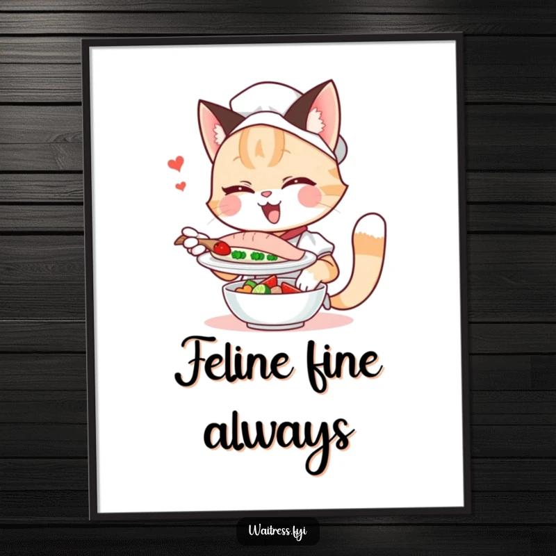 Funny cat waitress digital art, winking playfully while serving a fish dish, an instant humorous decor piece.