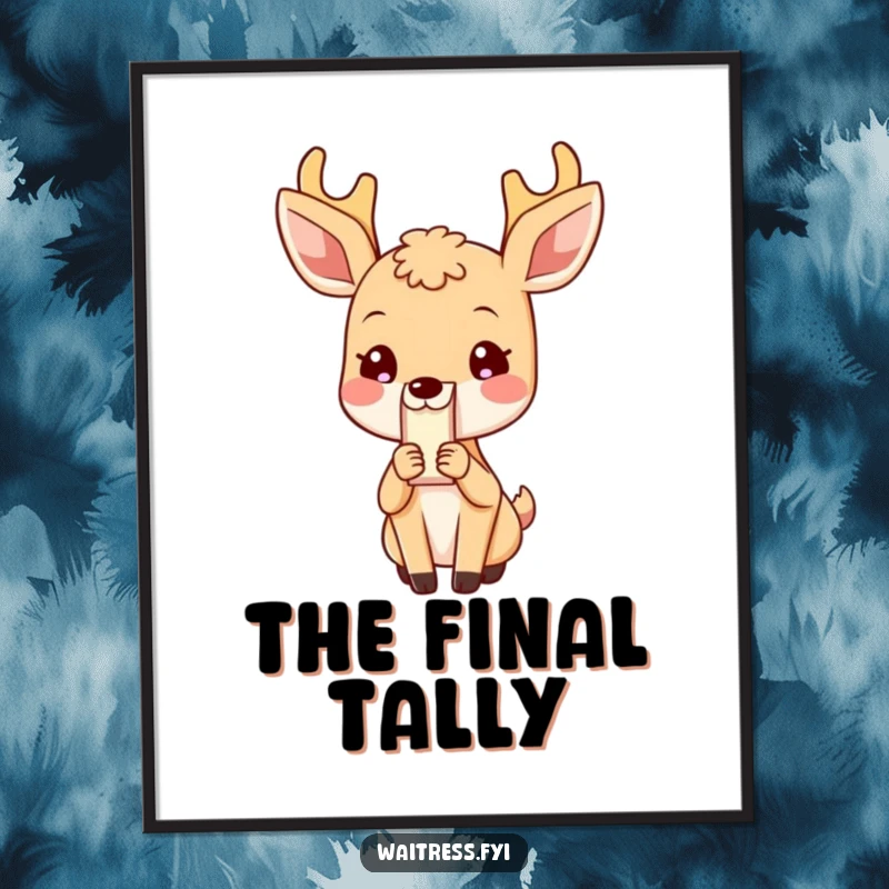 Funny Deer Digital Art Print: Blushing deer character presenting a bill, symbolizing politeness, a perfect funny gift.