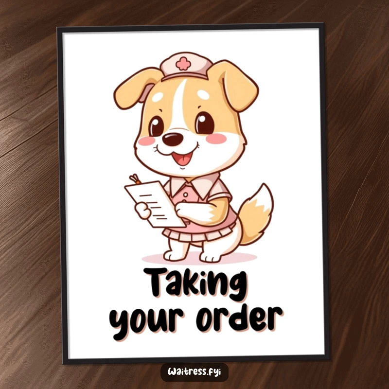 Funny Dog Waitress Digital Art Print showing a happy dog in a uniform, notepad in paw, ready to take an order.