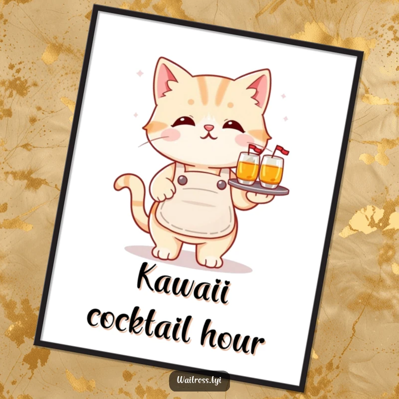 Funny kawaii cat digital art print of a cute cat balancing drinks, bringing humorous charm to any digital display or print.