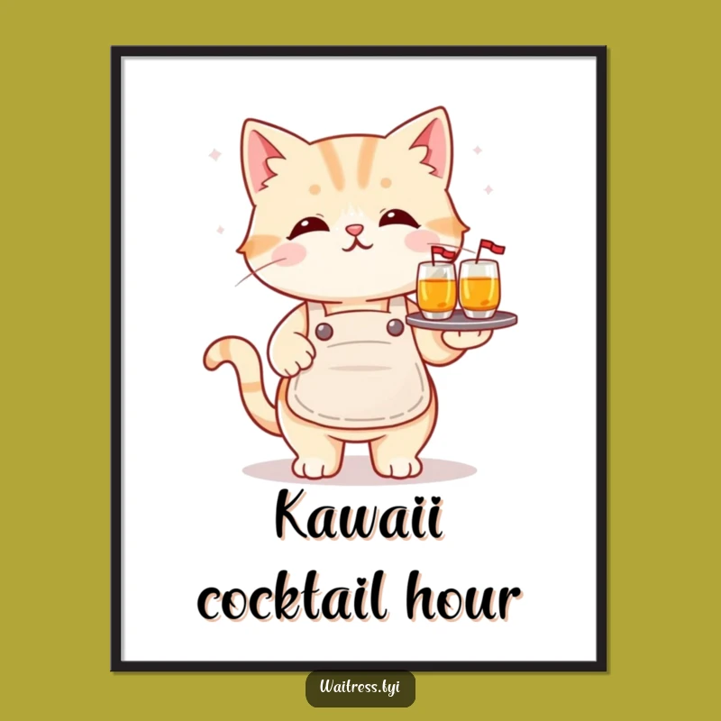 Funny Kawaii Cat Digital Art: Adorable Drink Service for Your Walls
