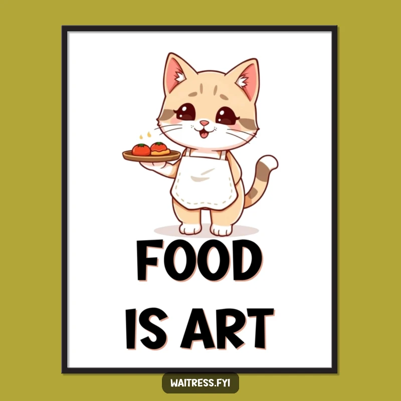 Funny Kawaii Cat Waiter Digital Art: Instant Cute Feline Decor, Perfect Printable Funny Gift!