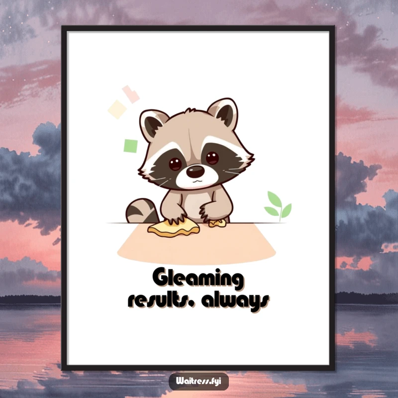 Funny digital art print of a Kawaii raccoon diligently wiping a table, perfect for adding a touch of cleanliness and humor.