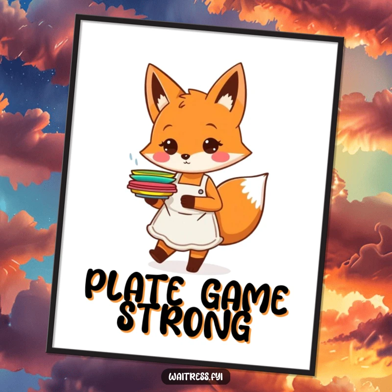 Funny orange fox character with an apron, happily carrying plates, as a digital art print, a funny gift.