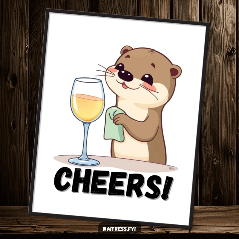 Funny Otter Bartender Digital Art Print of a happy otter polishing a wine glass, instantly downloadable and perfect as a funny gift.
