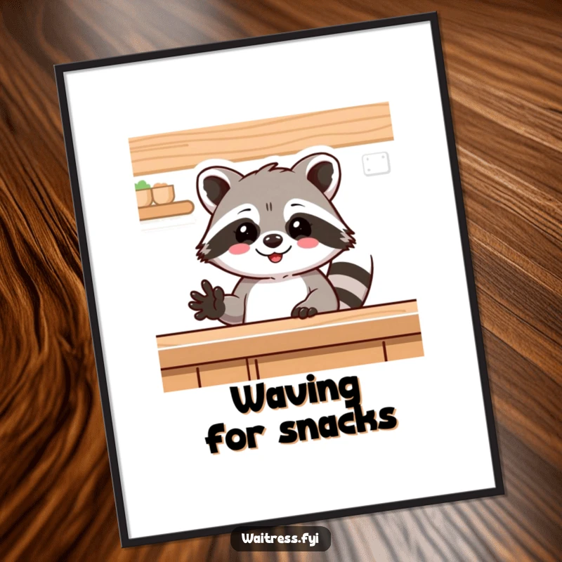 Funny raccoon digital art print, a delighted raccoon waving from behind a counter. Humorous and quirky artwork.
