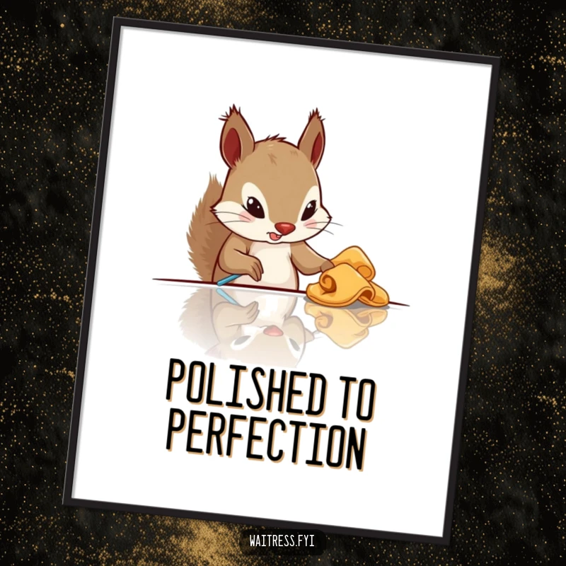 Funny squirrel cleaning digital art print of a determined squirrel polishing a table, a humorous and artistic piece.